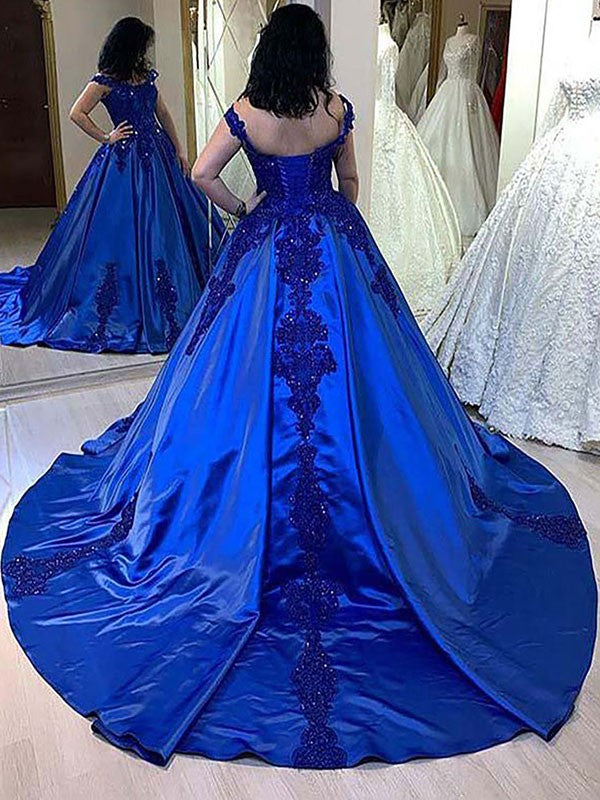 Ball Gown Satin Applique Straps Sleeveless Court Train Prom Dress