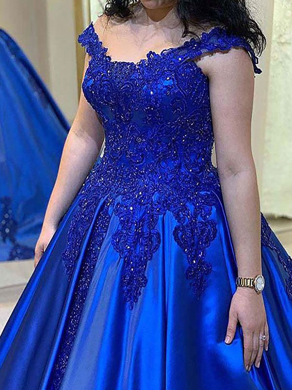 Ball Gown Satin Applique Straps Sleeveless Court Train Prom Dress