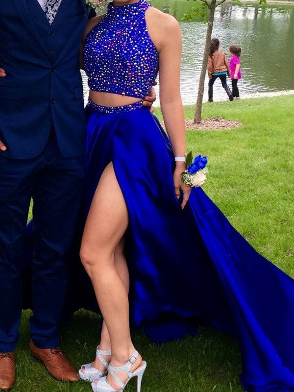 A-Line Elastic Woven Satin High Neck Sleeveless Sweep/Brush Train With Beading Two Piece Prom Dress