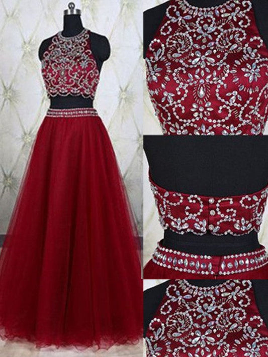A-Line Tulle Jewel Sleeveless Floor-Length With Beading Two Piece Prom Dress
