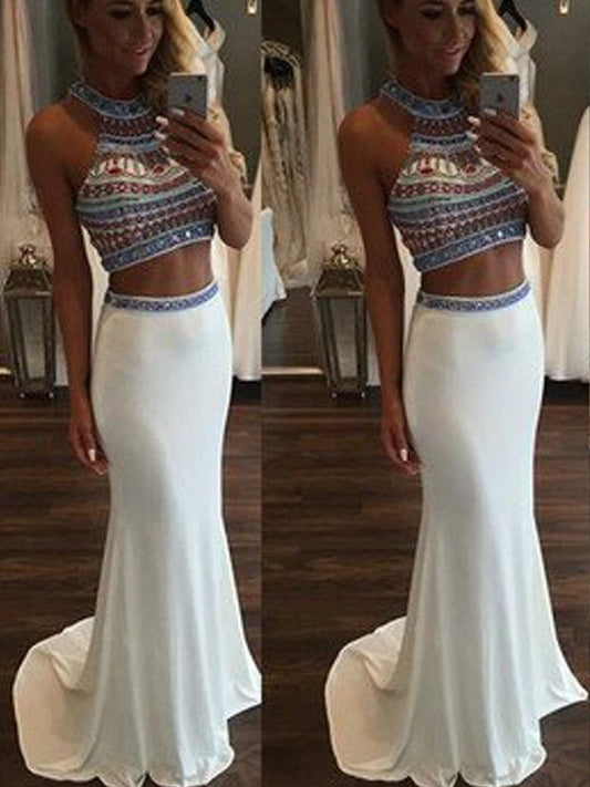 Mermaid Spandex Halter Sleeveless Sweep/Brush Train With Beading Two Piece Prom Dress
