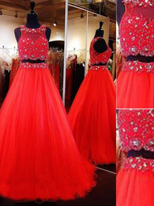 A-Line Tulle Scoop Sleeveless Floor-Length With Beading Two Piece Prom Dress