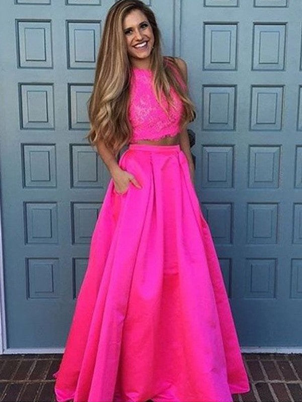 A-Line Satin Scoop Sleeveless Floor-Length With Lace Two Piece Prom Dress