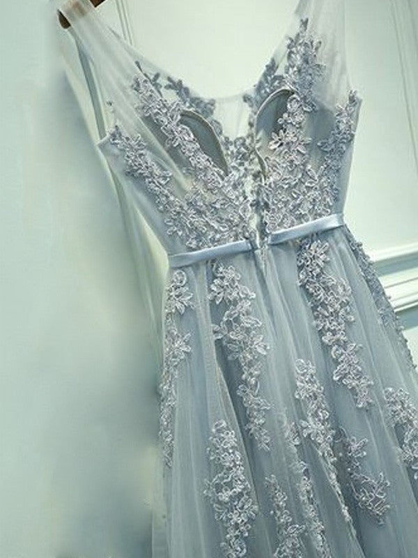 A-Line Tulle V-neck Sleeveless Floor-Length With Applique Prom Dress