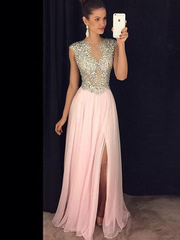 A-Line 30D Chiffon Bateau Sleeveless Floor-Length With Sequin Prom Dress