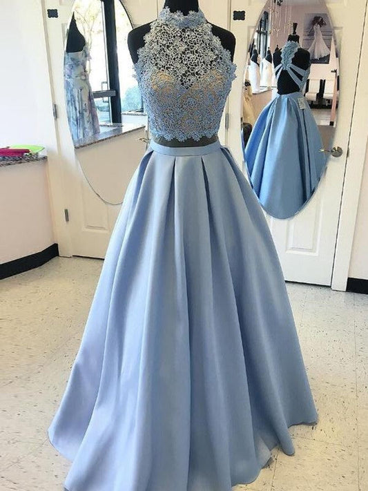 Ball Gown Satin High Neck Sleeveless Floor-Length With Applique Two Piece Prom Dress