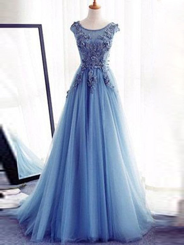 Ball Gown Tulle Jewel Sleeveless Sweep/Brush Train With Applique Prom Dress
