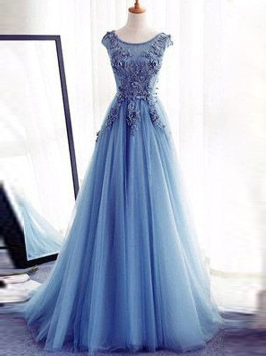 Ball Gown Tulle Jewel Sleeveless Sweep/Brush Train With Applique Prom Dress