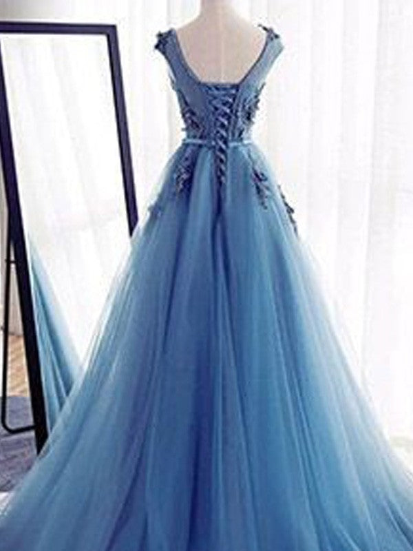 Ball Gown Tulle Jewel Sleeveless Sweep/Brush Train With Applique Prom Dress