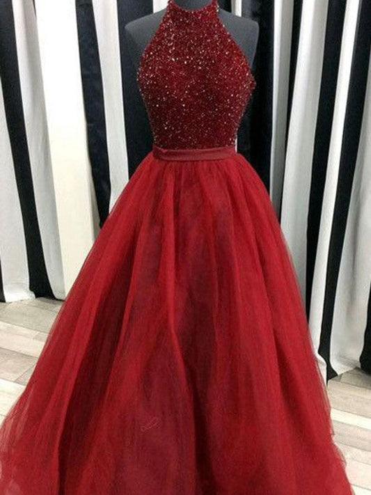 Ball Gown Organza High Neck Sleeveless Floor-Length With Beading Prom Dress
