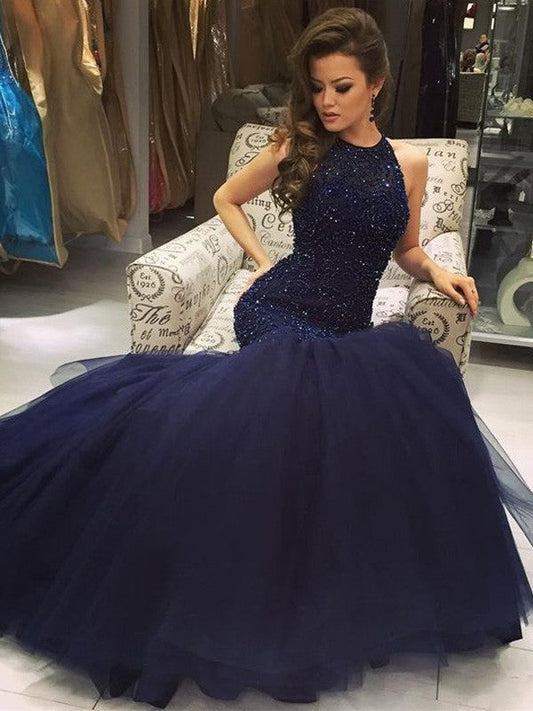 Mermaid Tulle Jewel Sleeveless Floor-Length With Beading Prom Dress