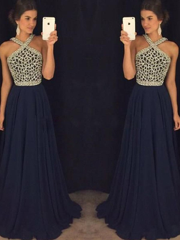 A-Line Chiffon Halter Sleeveless Floor-Length With Beading Prom Dress