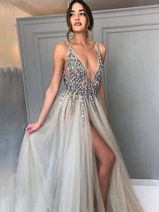 A-Line Tulle V-neck Sleeveless Sweep/Brush Train With Paillette Prom Dress