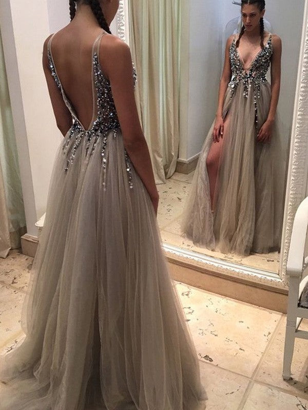 A-Line Tulle V-neck Sleeveless Sweep/Brush Train With Paillette Prom Dress