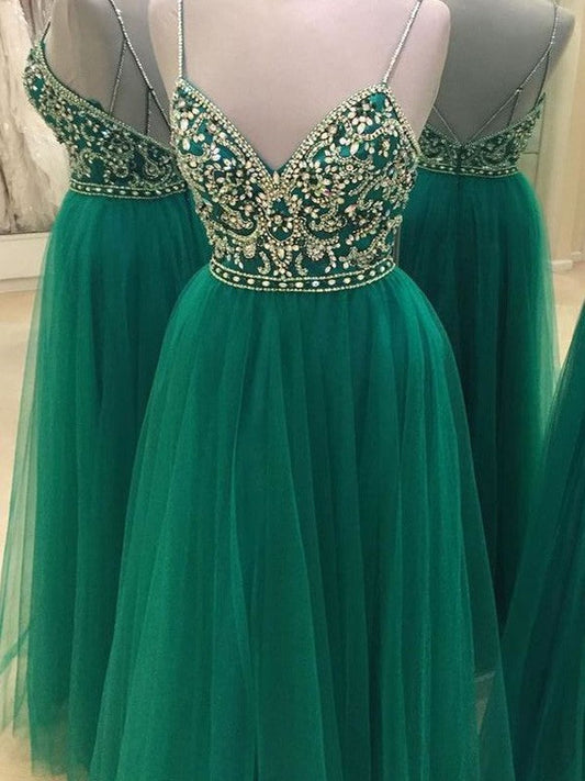 A-Line Tulle Spaghetti Straps Sleeveless Floor-Length With Beading Prom Dress