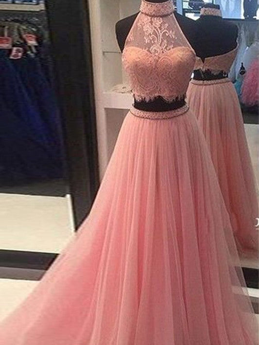 A-Line Tulle High Neck Sleeveless Floor-Length With Lace Two Piece Prom Dress