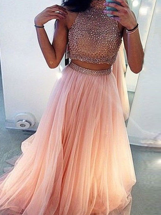 A-Line Tulle High Neck Sleeveless Sweep/Brush Train With Beading Two Piece Prom Dress