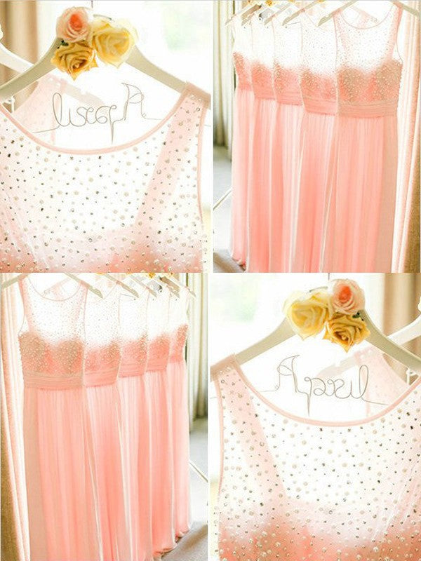 A-Line Chiffon Scoop Sleeveless Floor-Length With Beading Bridesmaid Dresses