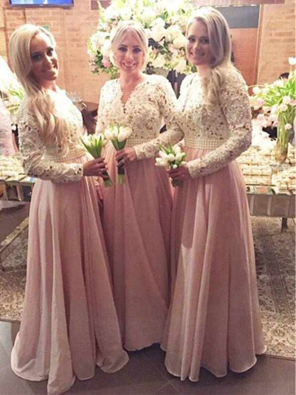 A-Line Chiffon V-neck Long Sleeves Floor-Length With Lace Bridesmaid Dresses