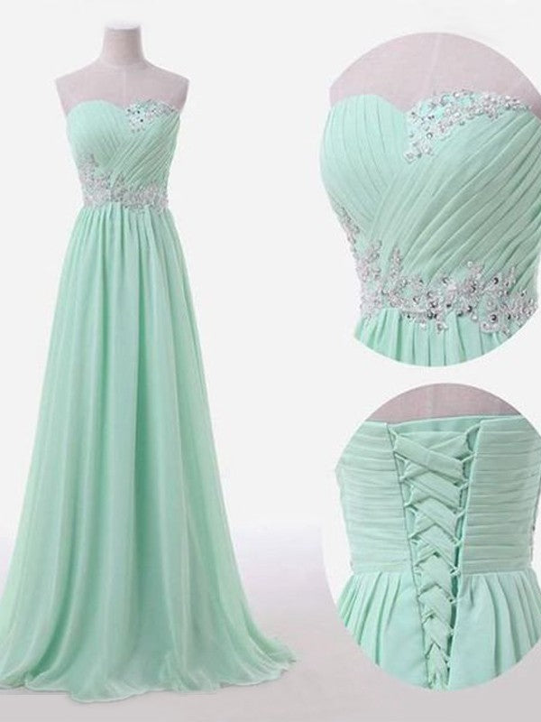 A-Line Chiffon Sweetheart Sleeveless Floor-Length With Beading Bridesmaid Dresses