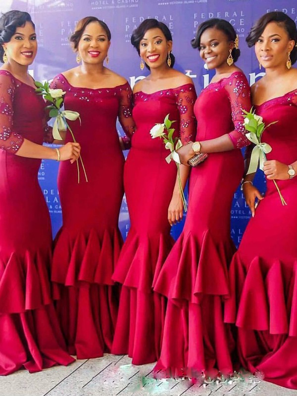 Mermaid Stretch Crepe Off-the-Shoulder 3/4 Sleeves Floor-Length With Ruched Bridesmaid Dresses