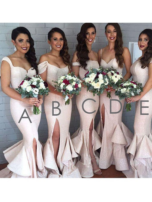 Mermaid Sequins Off-the-Shoulder Sleeveless Sweep/Brush Train With Layers Bridesmaid Dresses