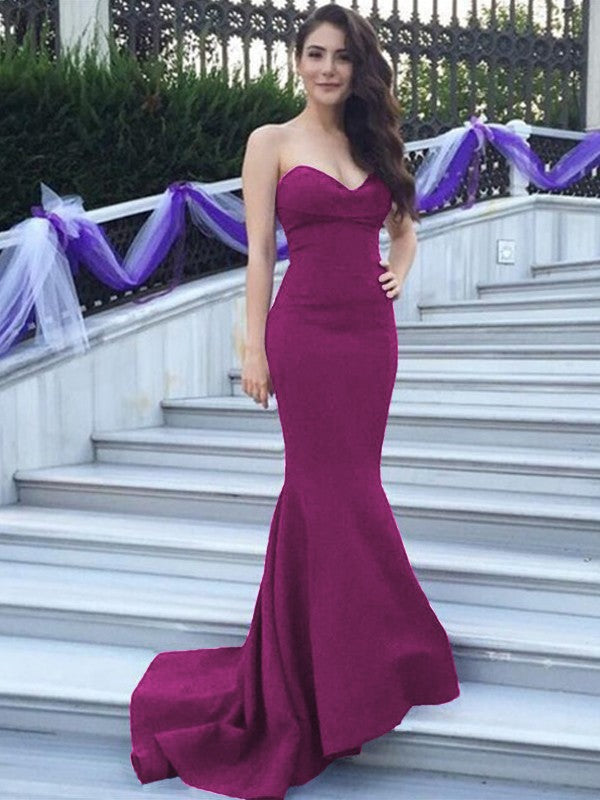 Mermaid Stretch Crepe Sweetheart Sleeveless Sweep/Brush Train With Beading Bridesmaid Dresses