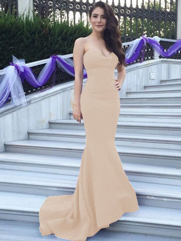 Mermaid Stretch Crepe Sweetheart Sleeveless Sweep/Brush Train With Beading Bridesmaid Dresses