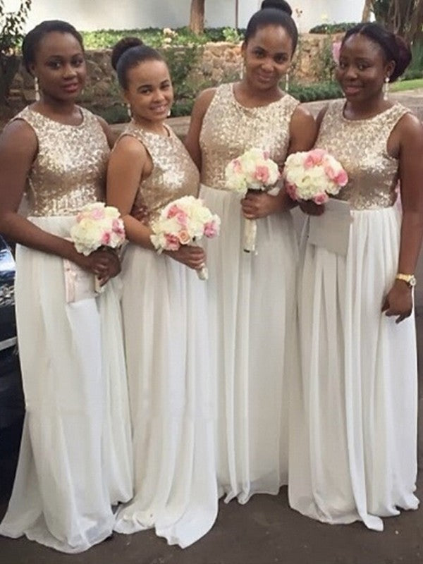 A-Line Chiffon Scoop Sleeveless Floor-Length With Paillette Bridesmaid Dresses