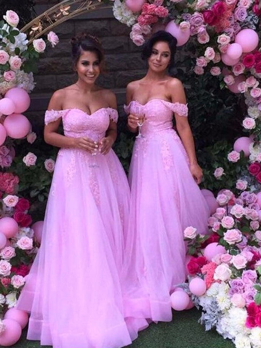 A-Line Tulle Off-the-Shoulder Sleeveless Floor-Length With Applique Bridesmaid Dresses