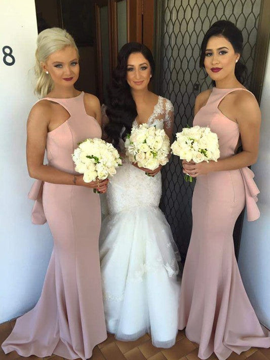 Mermaid Stretch Crepe Halter Sleeveless Sweep/Brush Train With Applique Bridesmaid Dresses