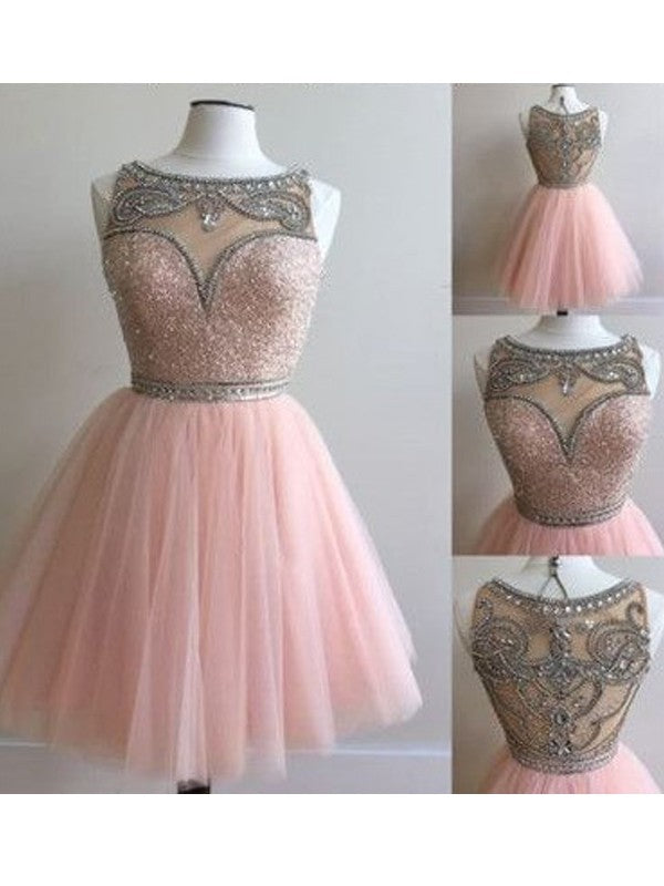 A-Line Tulle Scoop Sleeveless Short/Mini With Beading Homecoming Dress