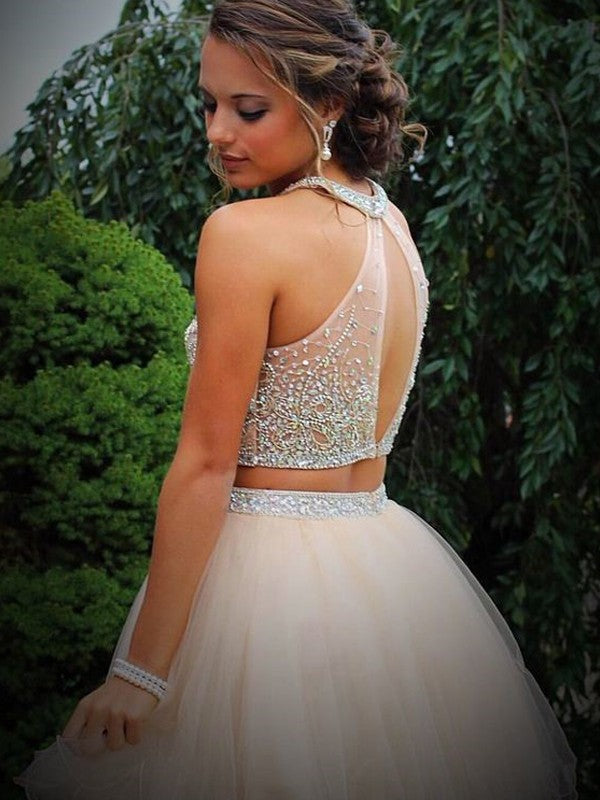 A-Line Tulle Scoop Sleeveless Short/Mini With Beading Two Piece Prom Dress
