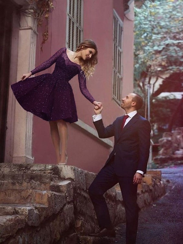 A-Line Lace Scoop Long Sleeves Short/Mini With Paillette Homecoming Dress