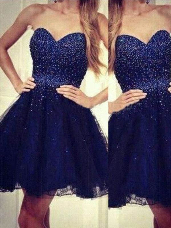 A-Line Tulle Sweetheart Sleeveless Short/Mini With Beading Homecoming Dress
