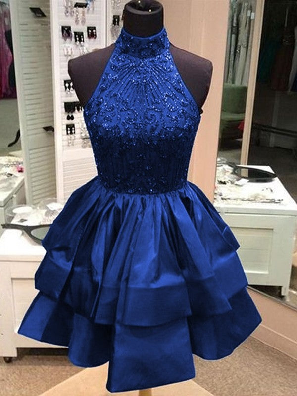 A-Line Satin High Neck Sleeveless Short/Mini With Beading Homecoming Dress
