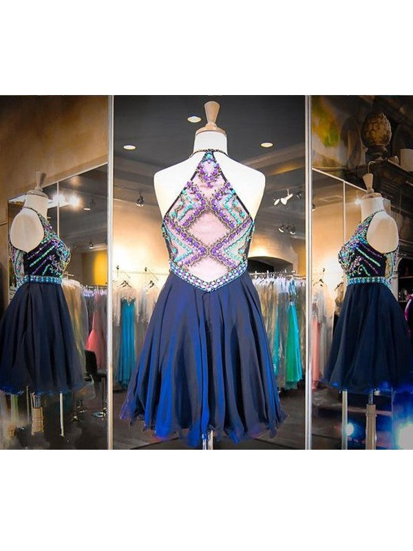 A-Line Chiffon Scoop Sleeveless Short/Mini With Beading Homecoming Dress