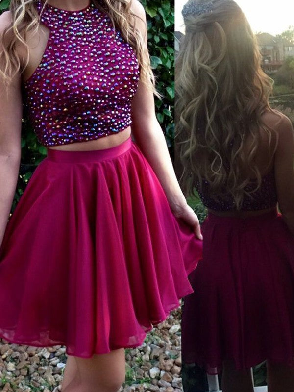 A-Line Chiffon Scoop Sleeveless Short/Mini With Beading Homecoming Dress