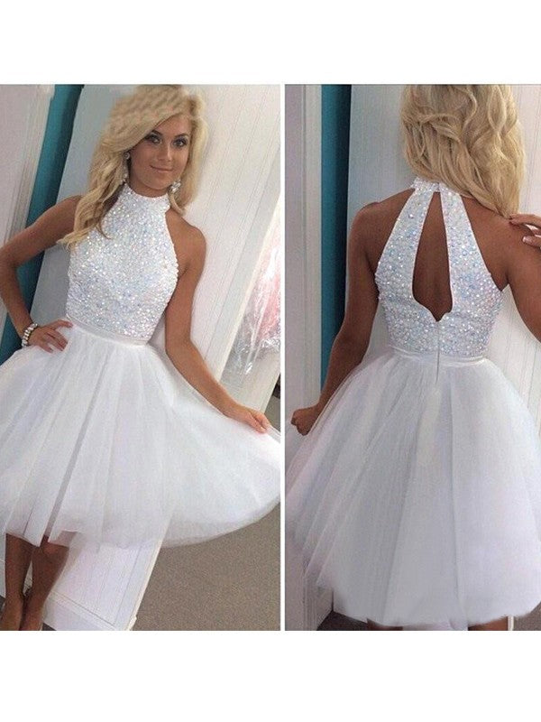 A-Line Tulle Halter Sleeveless Short/Mini With Beading Homecoming Dress