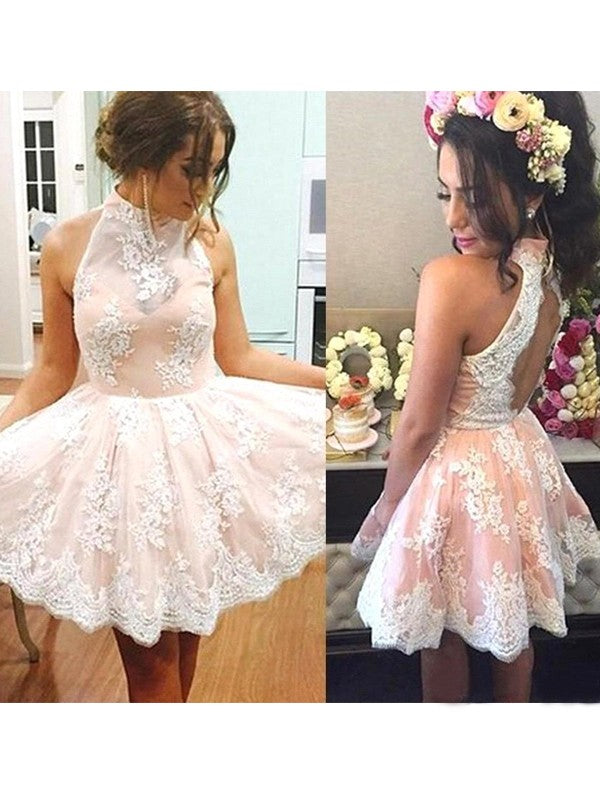 A-Line Lace High Neck Sleeveless Short/Mini With Applique Homecoming Dress