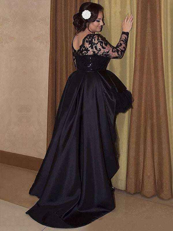 A-Line Satin Scoop Long Sleeves Asymmetrical With Applique Plus Size Prom Dress