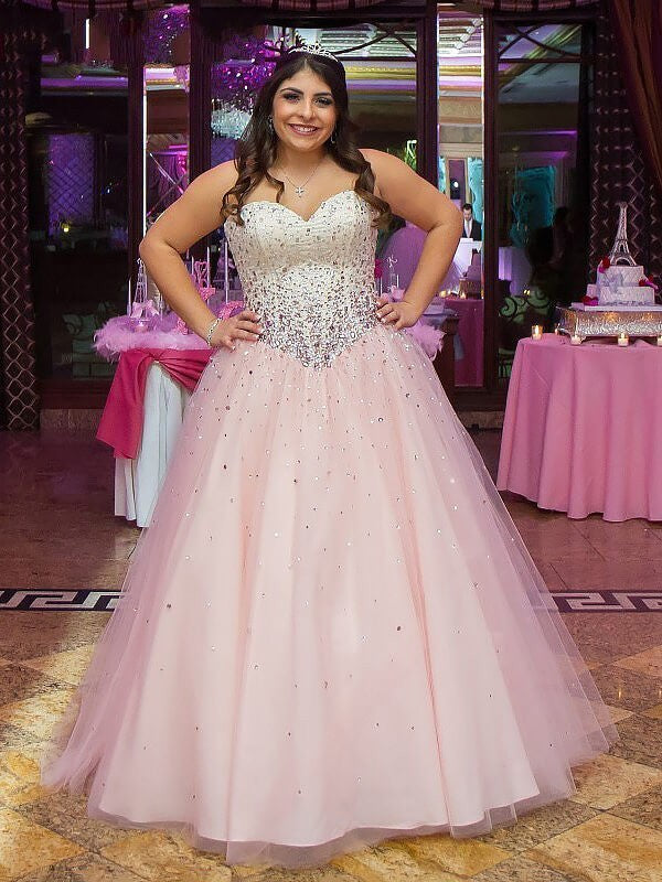 Ball Gown Tulle Sweetheart Sleeveless Floor-Length With Beading Plus Size Prom Dress