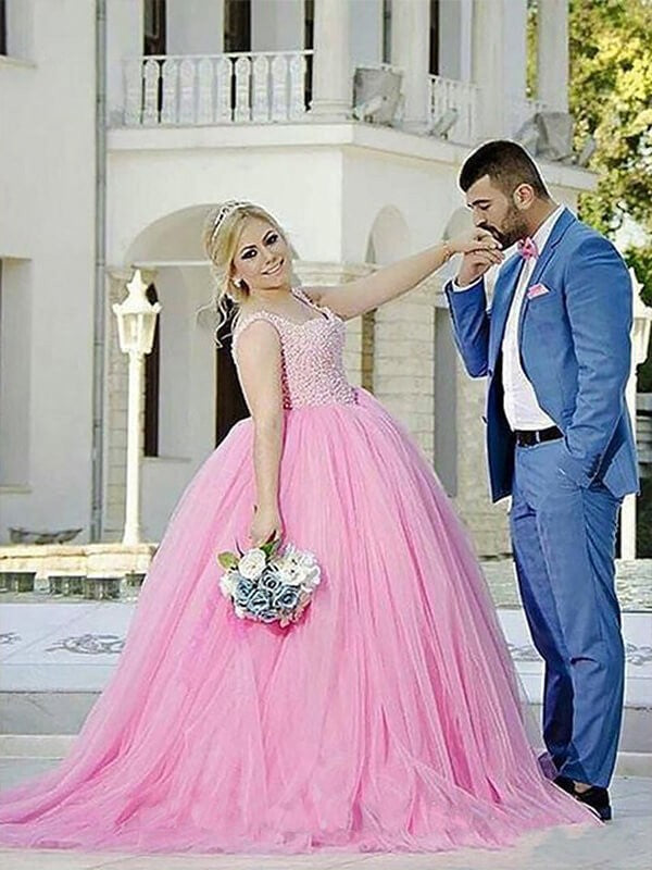 Ball Gown Tulle Sweetheart Sleeveless Sweep/Brush Train With Pearls Plus Size Prom Dress