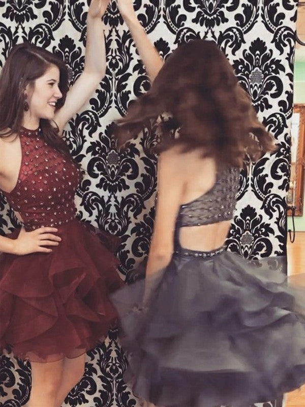 A-Line Tulle High Neck Sleeveless Short/Mini With Beading Homecoming Dress