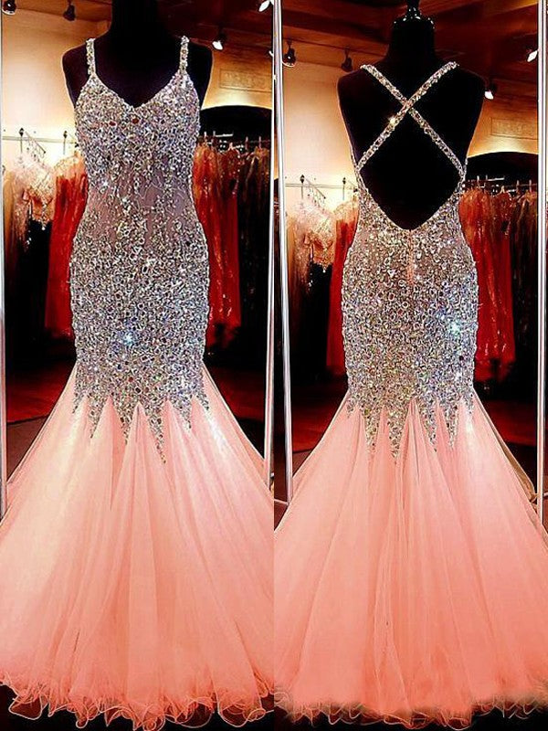 Mermaid Sleeveless V-neck Tulle With Sequin Floor-Length Prom Dress