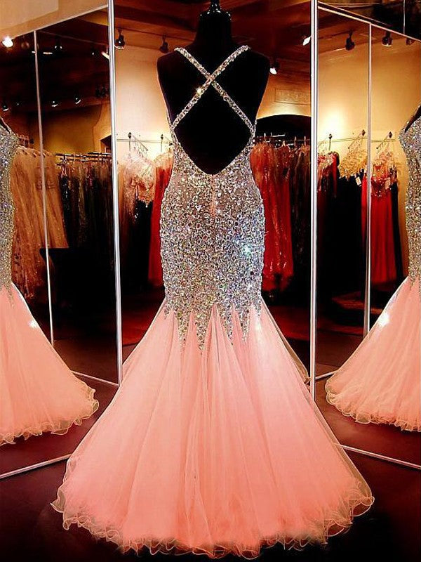 Mermaid Sleeveless V-neck Tulle With Sequin Floor-Length Prom Dress