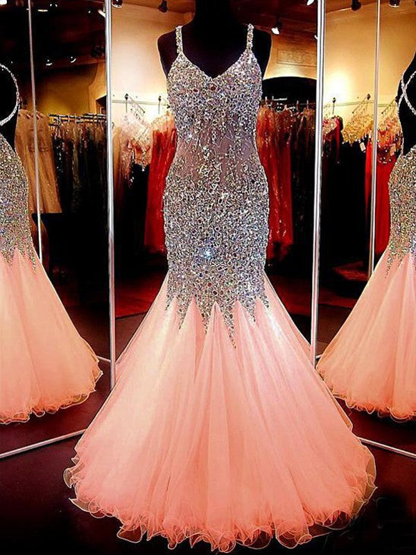 Mermaid Sleeveless V-neck Tulle With Sequin Floor-Length Prom Dress