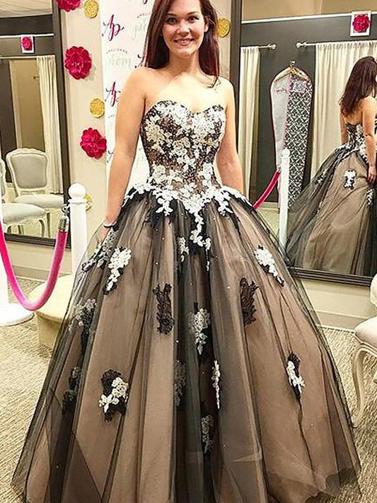 Ball Gown Sleeveless Sweetheart With Applique Floor-Length Tulle Prom Dress