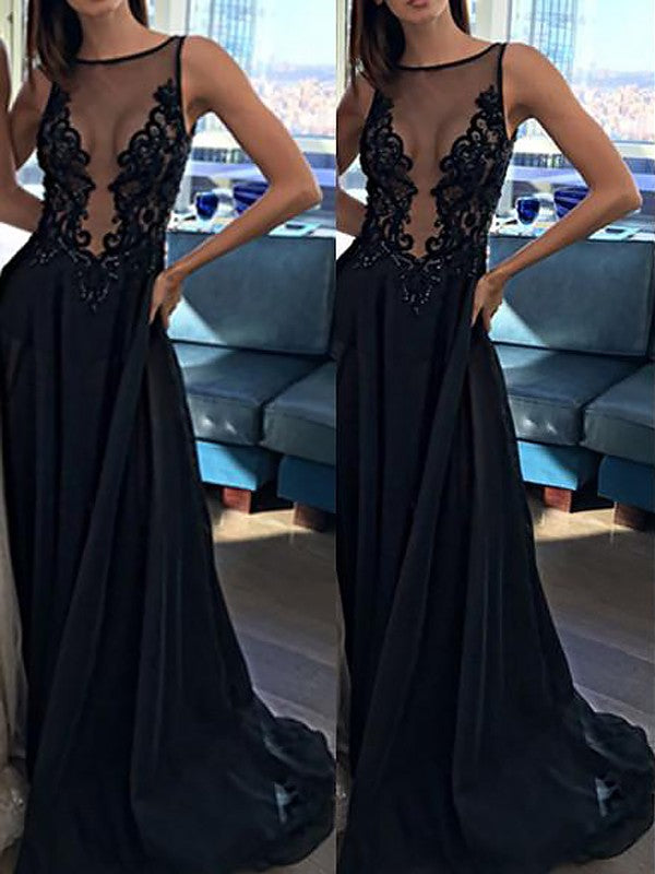 A-Line Sleeveless Bateau Chiffon With Applique Sweep/Brush Train Prom Dress