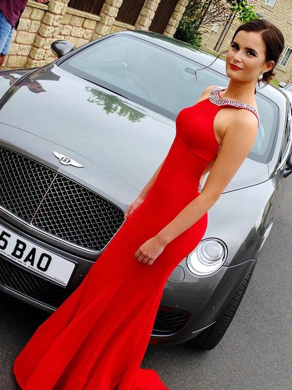 Sheath Sleeveless With Beading Floor-Length Halter Satin Prom Dress